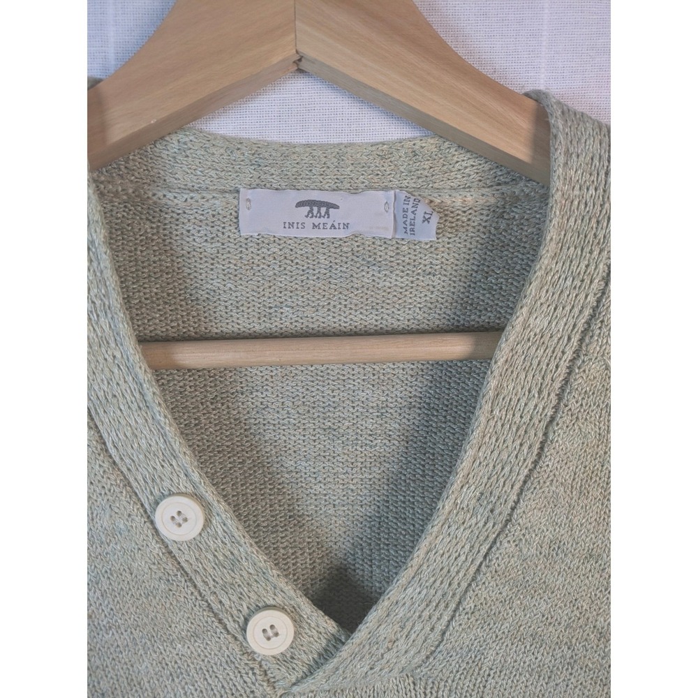 Ines Meain Ireland Aran Islands Linen V-Neck Button Sweater Green XL - Picture 3 of 5